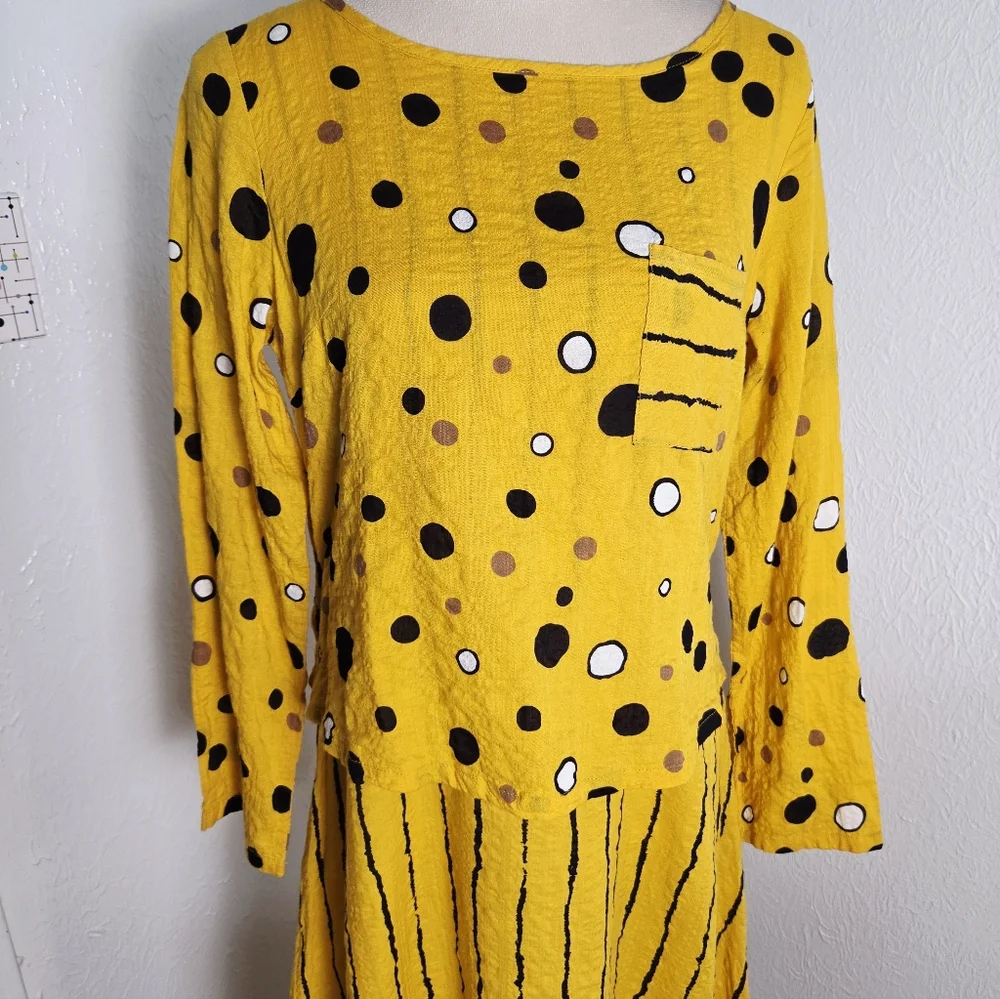 Yellow Long Sleeve Polka Dot & Stripe Midi Dress (fits like M)